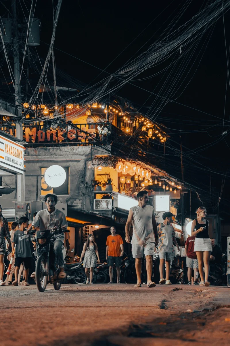 Panagsama Beach nightlife with lights and tropical atmosphere